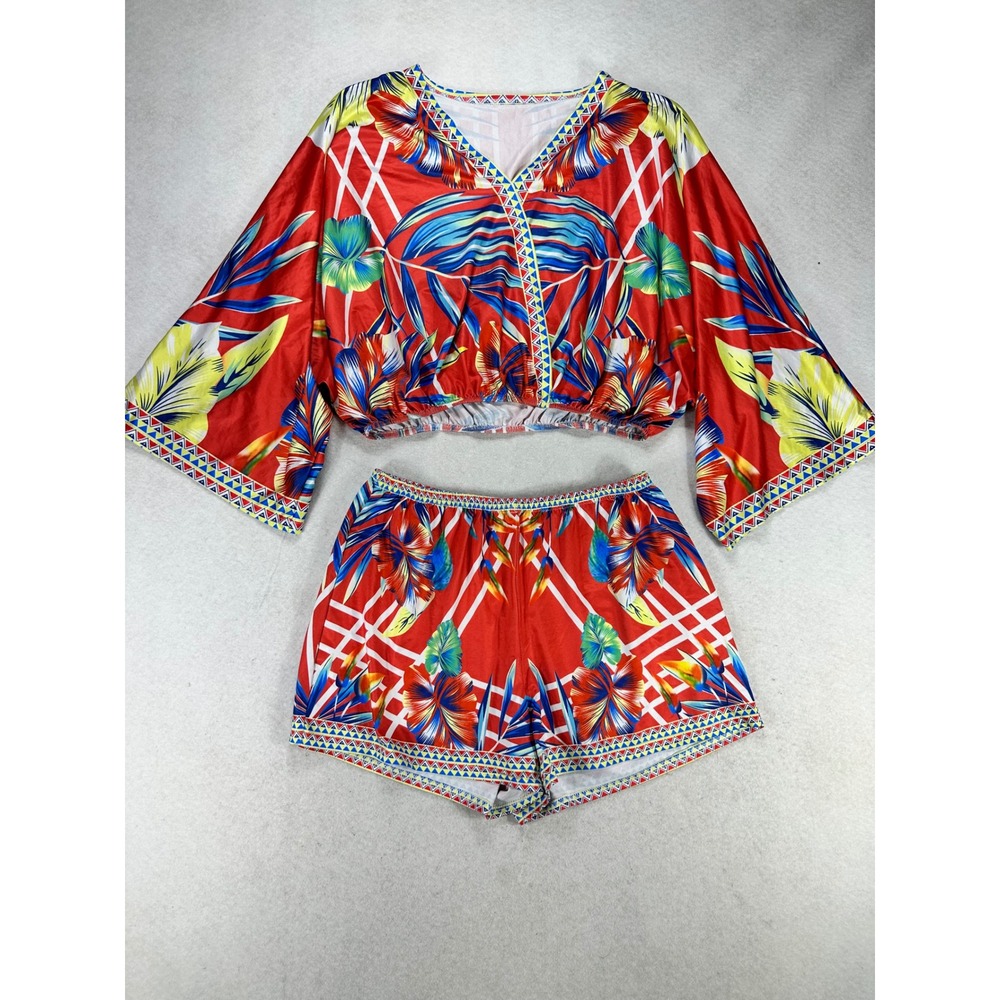 Tropical Floral Two Piece Set Red Blue Crop Top Kimono Sleeve Shorts XL